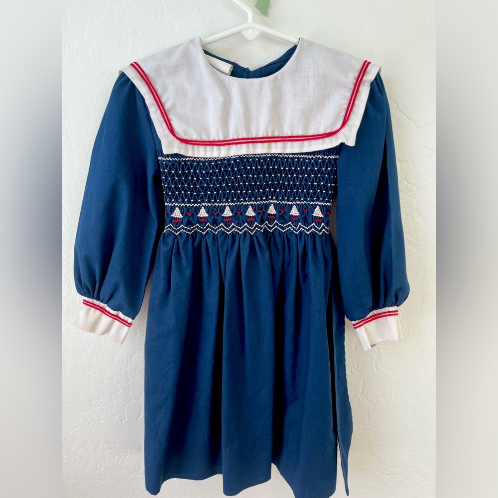 Vintage Hand-Smocked Sailboat embroidered Toddler Dress